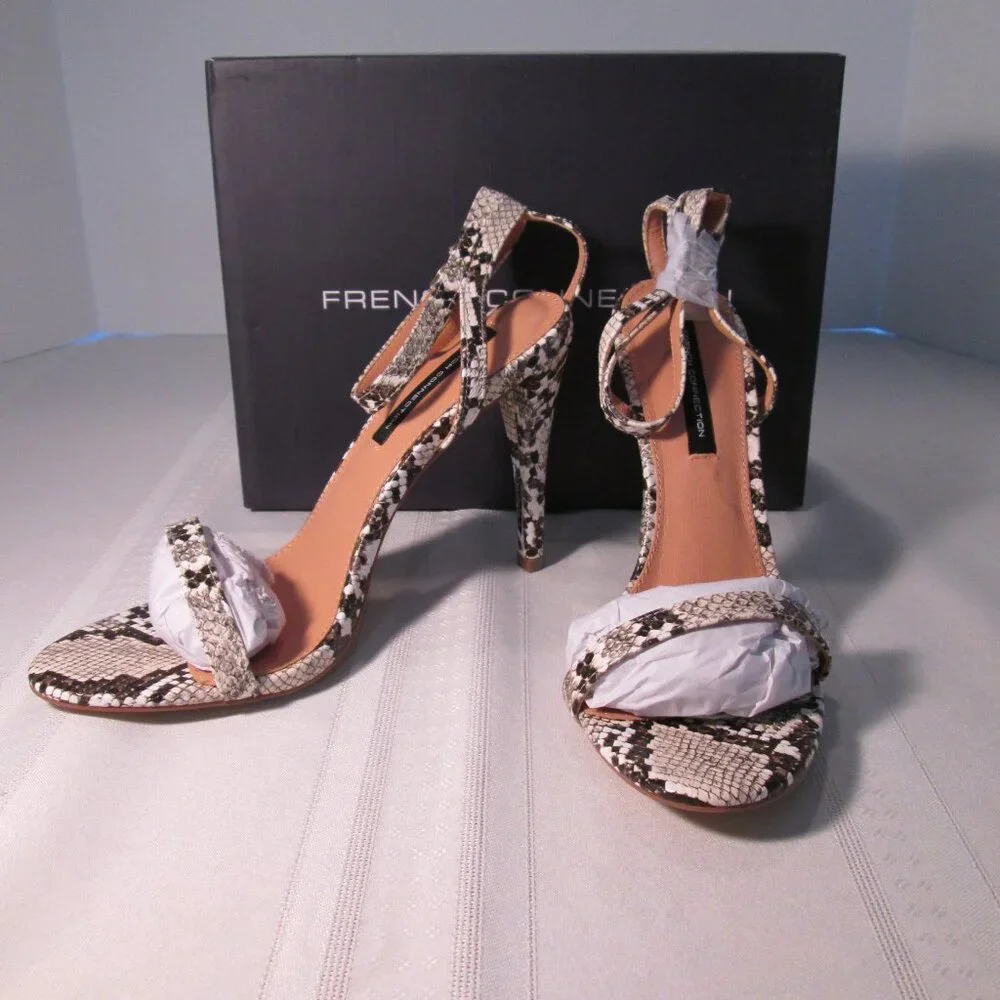 French Connection Tessa Snake Heeled Ankle Strap Sandals Sz 9M
